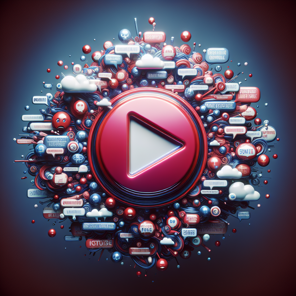 A conceptual representation of technology tensions focusing on social media. Illustrate the logo of a hypothetical streaming app, slightly tilted, with a crimson play button surrounded by swirling cloud of debates, controversy and discussion bubbles. Embody the essence of a lively discussion in a modern democratic society. Highlight the split between supporters denouncing the app's ban on the left side, shown as cheerful and encouraging messages within the bubbles, and opponents supporting the ban on the right side, shown as concern and cautionary messages within the bubbles.