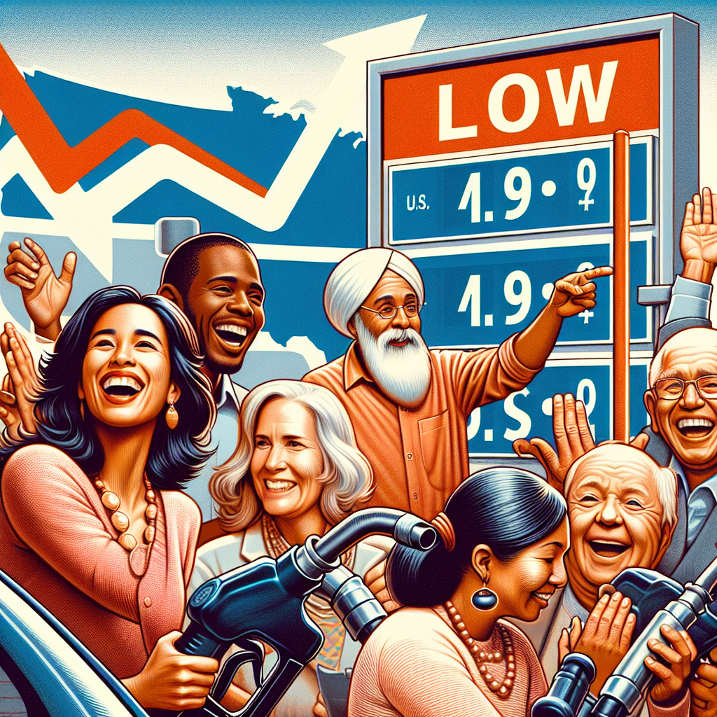 A detailed image that visualizes a scenario where gas prices are drastically falling. In the forefront, display a gas station sign showing low prices. Beside the station, a diverse group of people are joyfully reacting to the price change. Include a Hispanic woman looking excitedly at the sign, a South Asian man pumping gas with a big smile, and a black senior gentleman jubilantly conversing with a Middle-Eastern gas station attendant. Behind, incorporate an abstract representation of the United States with arrows and charts symbolizing energy policy shifts. Do not display any brand logos or specific real-world locations.