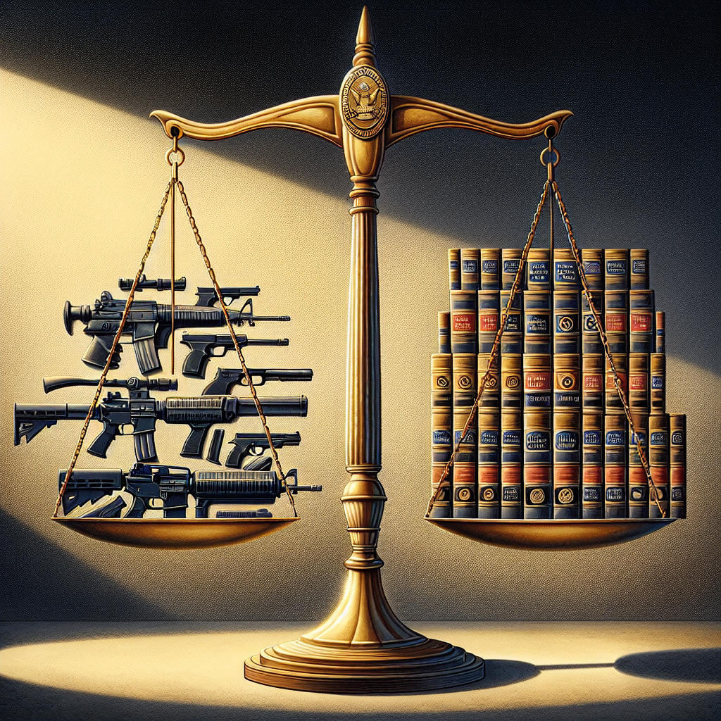 A balanced perspective on gun control laws is displayed in an informative yet striking image. The foreground depicts a large scale balancing on its fulcrum, with two equally weighted sides. On the left, heavy-duty firearms nestled on a bed of gold scales symbolize the strength and freedom of gun rights; while on the right, an archive of neatly stacked legal books - each embossed with federal emblems - represents regulation and safety measures. The background, carefully shaded between light and dark, suggests the complex, nuanced debate surrounding this issue. A bold title hovers at the top, stating 'Gun Violence: Effortless Guide to Federal Gun Control Laws'.