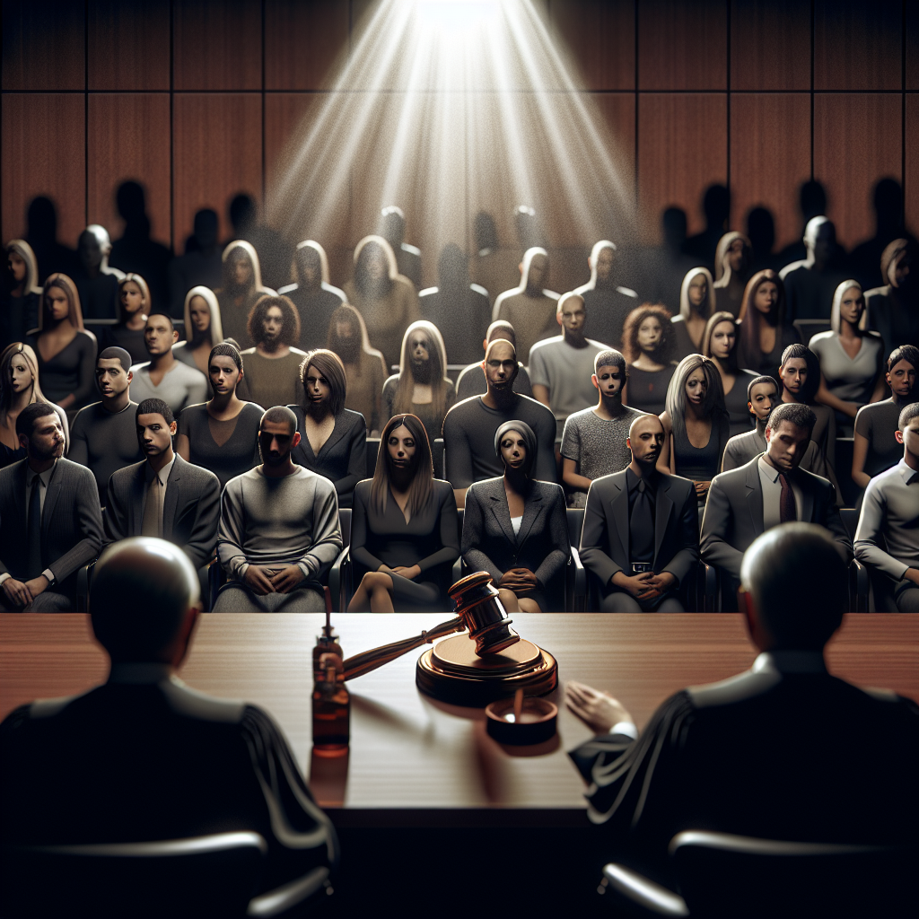 An image concept that encapsulates the essence of high-profile criminal trials in the United States. Depict a courtroom setting, with a spotlight on the judge's gavel, which symbolizes the moment of the verdict. Add an audience comprised of a diverse group of people representing different descents such as Caucasian, Hispanic, Black, Middle-Eastern, and South Asian. Please ensure to show a range of emotions on their faces to indicate the tension and anticipation. Avoid any references to specific individuals or trials. This image should use a realistic style and muted, serious tones.