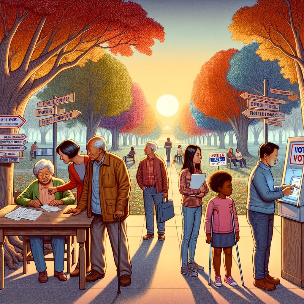 A concept drawing of a peaceful park scene during the fall season. In the foreground, a diverse group of people: an Asian woman offering assistance to a Middle-Eastern man with a white cane, a Hispanic elderly couple reviewing documents, a Caucasian man teaching a young black girl how to use a ballot machine, and a South Asian woman helping a group of people register to vote. Background consists of trees with multicolored leaves, general fall foliage and a setting sun, hinting at a new dawn and change. Signposts are scattered within the park, providing navigation directions and information about the new voting laws.