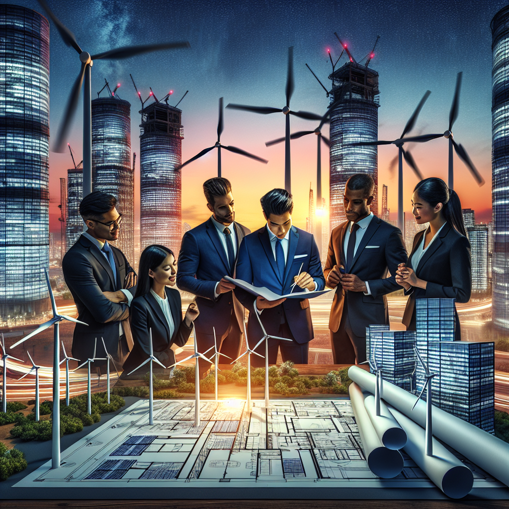 A booming city in the background with skyscrapers covered in solar panels, wind turbines spinning vigorously nearby. In the foreground, a group of business professionals, composed of a Hispanic woman, a Black man, a South Asian woman and a Caucasian man, collectively examine blueprints for new sustainable energy projects on a blueprint table. Next to them is a legislation paper with 'Affordable Climate Change Legislation' written on it. The sky is a vibrant blend of dusk colors, representing the promising future of clean energy investment.