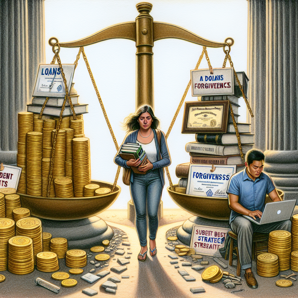 An illustrative tableau depicting the concept of student loan repayment. At the center of the scene stands a determined Hispanic woman, in her early twenties, clutching a stack of books and academic certificates. She's accompanied by an Asian man of similar age, working diligently on a laptop. Behind them, a large scale balances two heaps: one made of golden coins symbolizing loans, the other of diplomas symbolizing education. A path forks out from them, leading to a shining portal labeled 'Forgiveness'; suggesting the best strategies towards lightening the burden of debt. The scene is sketched in a realistic style.