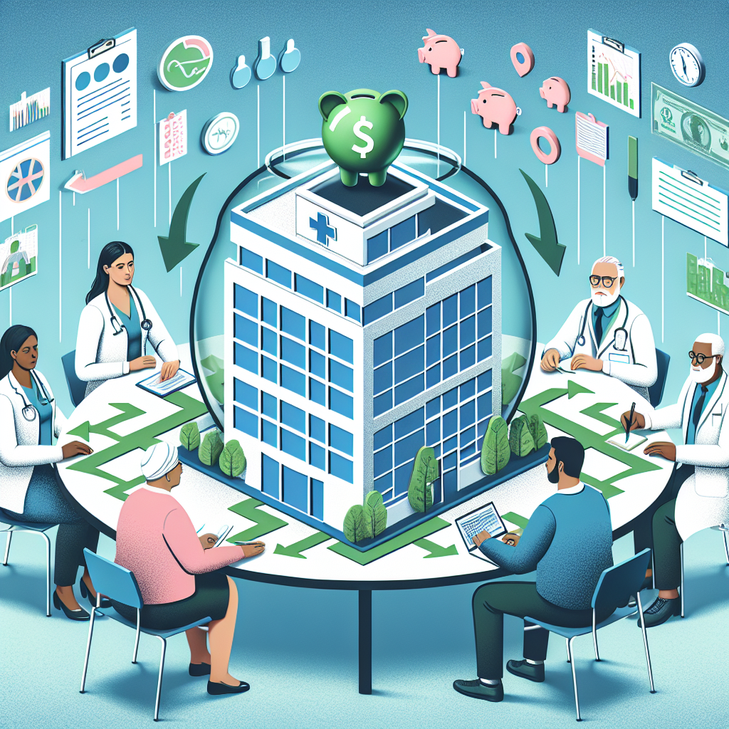 Create an insightful image representing the theme of reducing healthcare costs. Depict a diverse group of people, including a South Asian female doctor, a Middle-Eastern male nurse and a Caucasian elderly patient, collaboratively brainstorming strategies at a round table. The table should have a blueprint of a hospital, with arrows denoting cost-saving measures within different departments. Also include a large transparent piggy bank standing next to the hospital blueprint, symbolizing saving. Visible in the background should be various health and medical symbols. Ensure a hopeful atmosphere in the image.