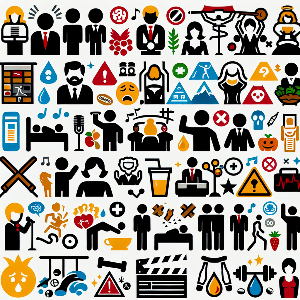 An image showcasing a variety of generic celebrity-like figures. Each one is represented by a symbol, such as a microphone for singers or a clapperboard for actors, and placed in front of a backdrop depicting health and wellness symbols. Some of these iconic figures should be shown as being happy and healthy, in front of motifs like fruits and vegetables, treks, and dumbbells. Elsewhere, some others are mournfully depicted with symbols such as hospital beds, pills, and drops of tears, illustrating their tragic end. Avoid identifying any specific individuals.