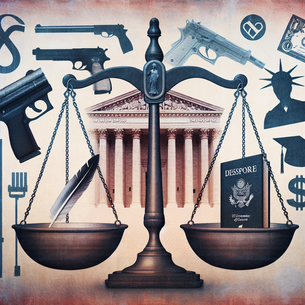 A balanced scale with a quill pen on one side and a law book on the other, signifying the measure of justice. On the background, a collage of three subtly hinted symbols representative of the US Supreme Court's influence: an ambiguous medical tool to represent medical decisions, a neutral silhouette of a handgun symbolizing gun laws, and a diploma paired with a dollar sign denoting student loans. An overlay of a barely visible court building signifies the supreme legal institution's role. Avoid any reference to specific real people or politicians.