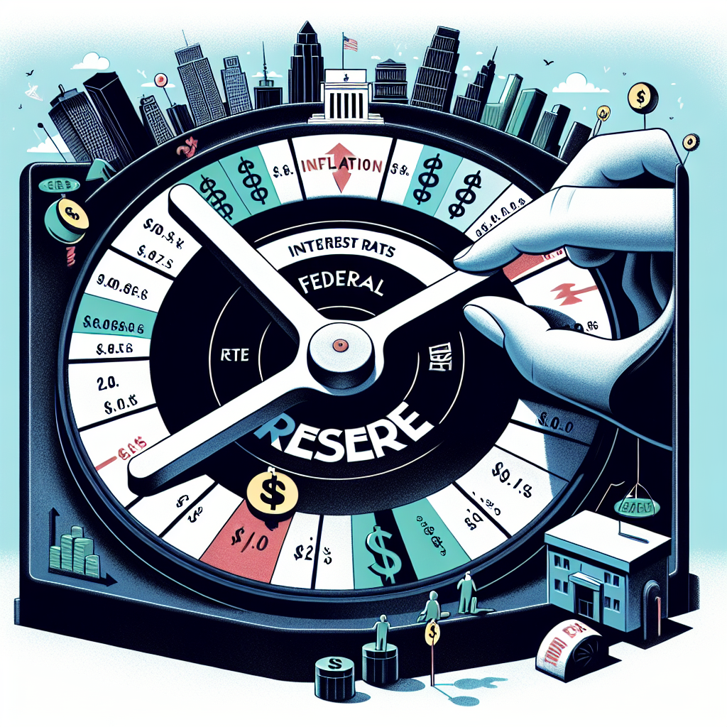 Illustration of a symbolic representation of the Federal Reserve's impact on interest rates. Imagine a giant mechanical control dial, labeled 'Interest Rates', being manipulated by a faceless entity, signifying the Federal Reserve. On one side of the dial, visualize a scenario with low inflation and prosperous city, while on the other side, a situation with high inflation and frustrated civilians. Make sure to include financial charts, dollar symbol and other financial icons to represent the complexity of the economic outlook. Remember to keep it in the style of a professional financial publication's illustrative artwork.