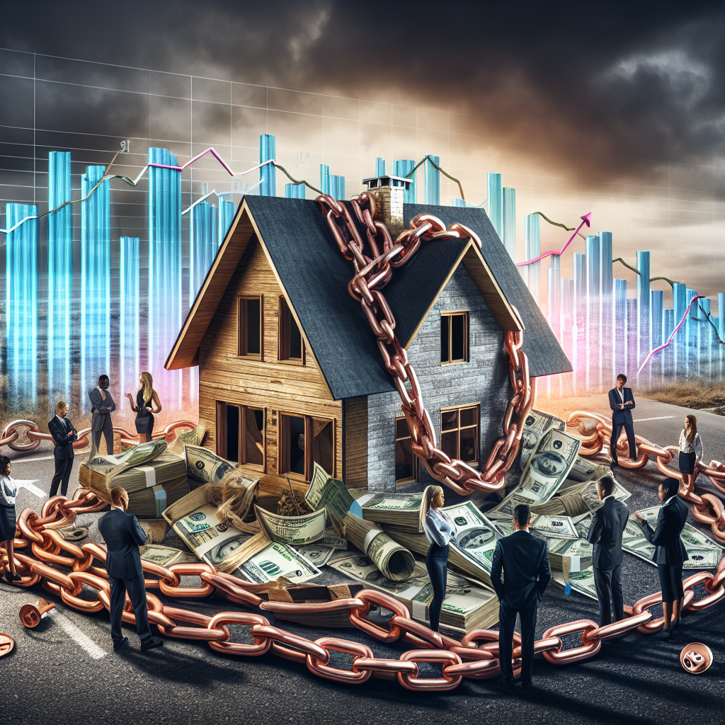 A dynamic image that presents the turmoil of the US housing market crisis in the foreground. Chains, symbolising rising mortgage rates, are wrapping around a model home made of wood, paper currency, and cardboard. People in business attire, indicating a variety of genders and descents including Hispanic, Black, Caucasian, Asian, and Middle-Eastern, are standing nearby, debating with expressions of concern or walking away dejectedly. In the background, a glimpse of the calm after the storm: charts fluctuating but steadily climbing upwards, a compass pointing North, and a road sign with the words 'Strategy and Navigate'. The whole scene is set against a backdrop of a cloudy sky at dawn.