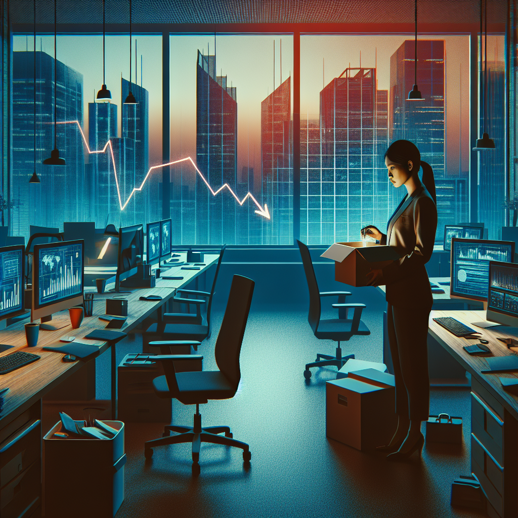 An image illustrating the concept of 'Tech layoffs'. Show a modern corporate office setting, dimly lit emphasizing the somber mood, filled with vacant desks and unattended computers. On a central desk, a South-Asian female employee is glimpsed packing her belongings into a box, her facial expression shows a mix of disappointment and resolve. A graph plummeting downwards displayed on a nearby computer screen, symbolizing the job market trends. Outside the window, a cityscape with towering tech company buildings can be seen. Everything is colored in mute, cool tones overlayed with a slight touch of sunset warmth.