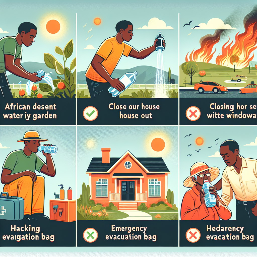 A detailed graphic representation highlighting the best practices during extreme heatwaves and wildfire emergencies. This includes an African descent man watering his garden, an Asian descent woman closing her house windows to keep the heat out, a Middle-Eastern descent family packing an emergency evacuation bag, and a Hispanic descent elderly person hydrating with water in a shaded area. Show all these practices happening in a suburban neighborhood on a sunny and extremely hot day, with the smoke from distant wildfires seen hovering over the horizon.