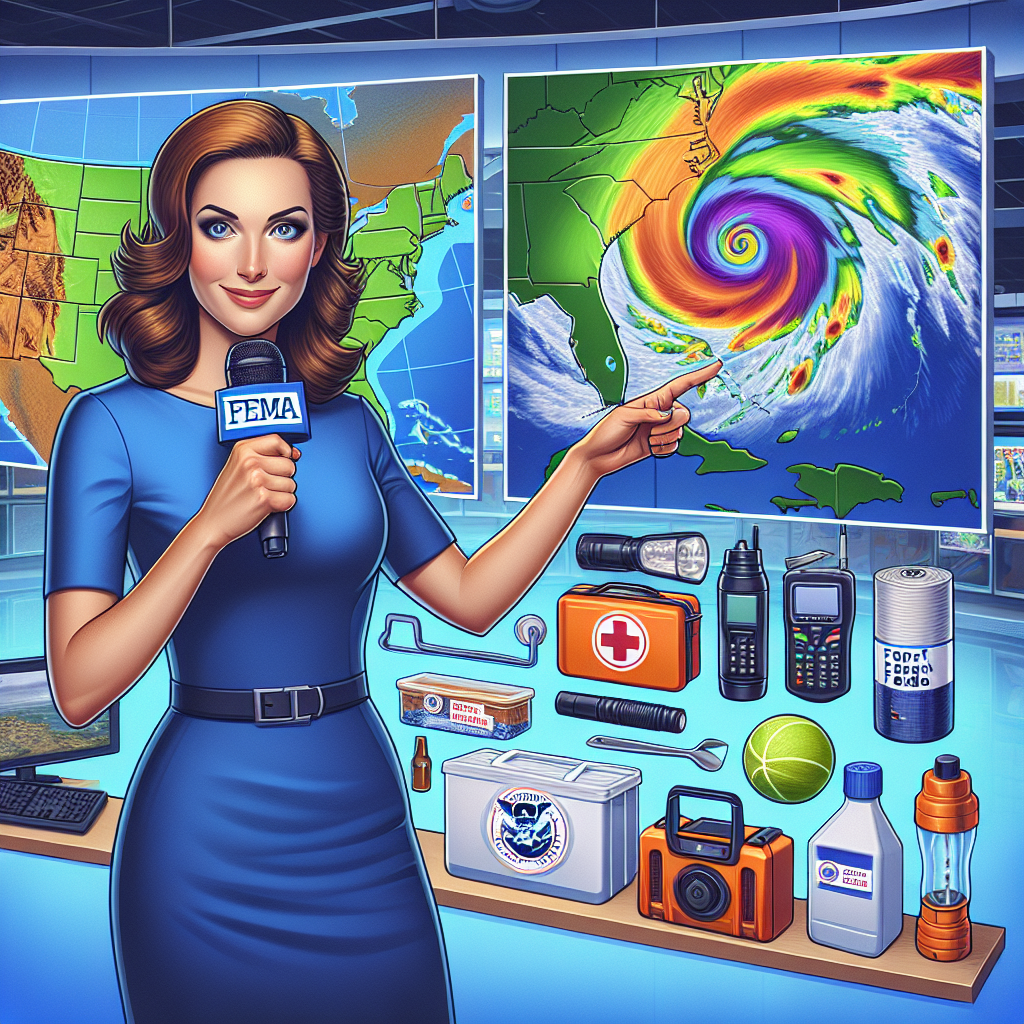 An image symbolizing FEMA Emergency Preparedness composed of three parts: on the left, a colorful weather map showing a hurricane formation over the ocean, in the middle, a confident, professional Caucasian female weather expert pointing towards the map, and on the right, a set of iconic hurricane preparedness items. The items can include non-perishable food, portable radio, first aid kit, flashlight, and extra batteries, all organized neatly. Use a semi-realistic style to convey the urgency yet maintain a hopeful tone. The background should be a clean news station setup with monitors and weather graphics.