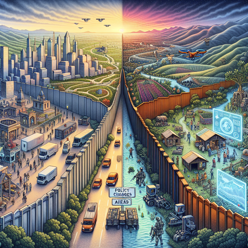 A detailed illustrative image of a symbolic border scene depicting an intersection of two worlds. On the right side, visualize a thriving urban landscape representative of a developed nation, full of skyscrapers, bustling streets, and parks. On the left side, illustrate a more rural environment dotted with humble homes, agricultural lands, and a majestic sunset. In the middle, place a fortified border wall guarded by technology elements indicating security upgrades like surveillance cameras, drones, and biometric systems. Include a sign with the words 'Policy Changes Ahead' highlighting the evolving situation.