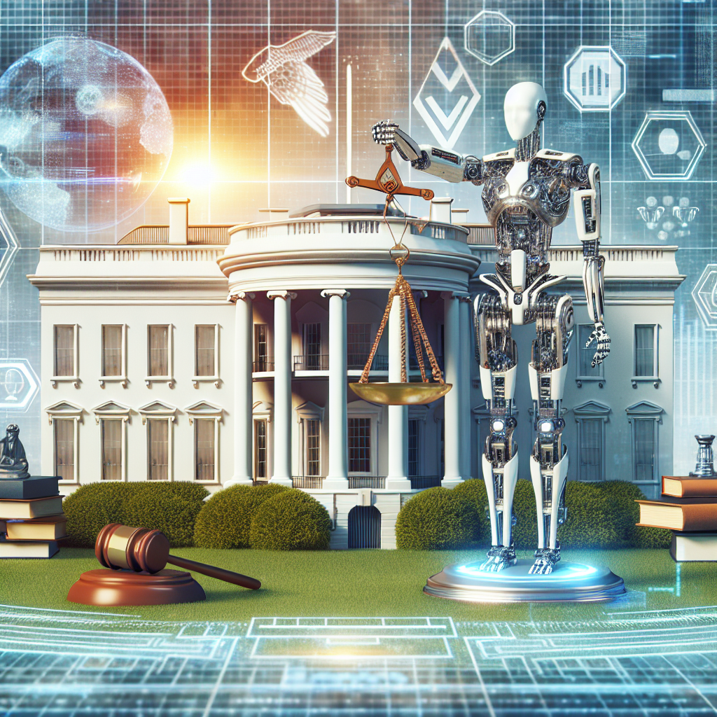 Visualize a concept related to the regulation of artificial intelligence. Depict a symbolic representation of the White House on a sunny day, with a futuristic robot standing beside it, its metal body gleaming in the sunlight. Show a symbolic scale of justice perfectly balanced in the robot's hand, signifying regulation. Superimpose text that reads 'Best Practices for White House Policy'. Surround the scene with elements of technology and law such as books, gavels, computers, and digital grids.