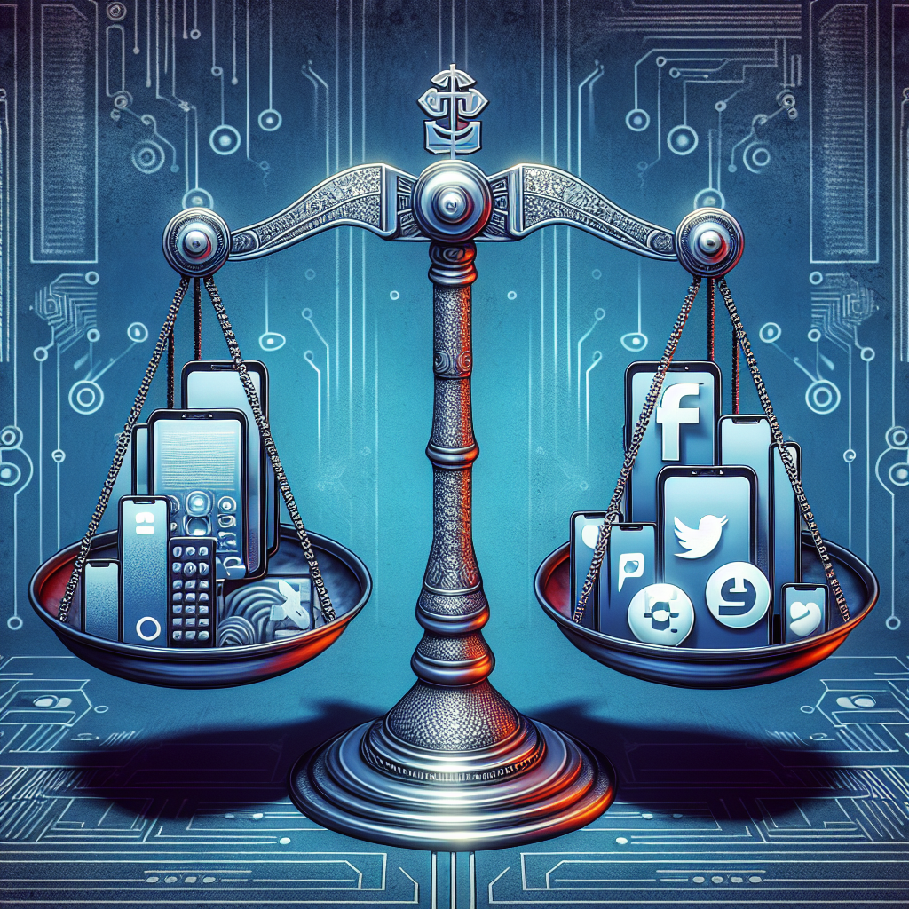 An image of a detailed digital illustration showing a symbolic debate. The context is technology tensions between countries. On one side of the image, a representation of a futuristic device labeled 'US Tech' showcased as innovative, sleek and high-end. On the other side, a similar device, pictured with the same innovative flair, labeled 'China Tech'. Between them, a set of large, balanced scales made of shiny metallic materials. On one pan of the scale, an icon for the social media app signifying a tech ban. The other pan is empty, indicating the unresolved aspect of the debate.