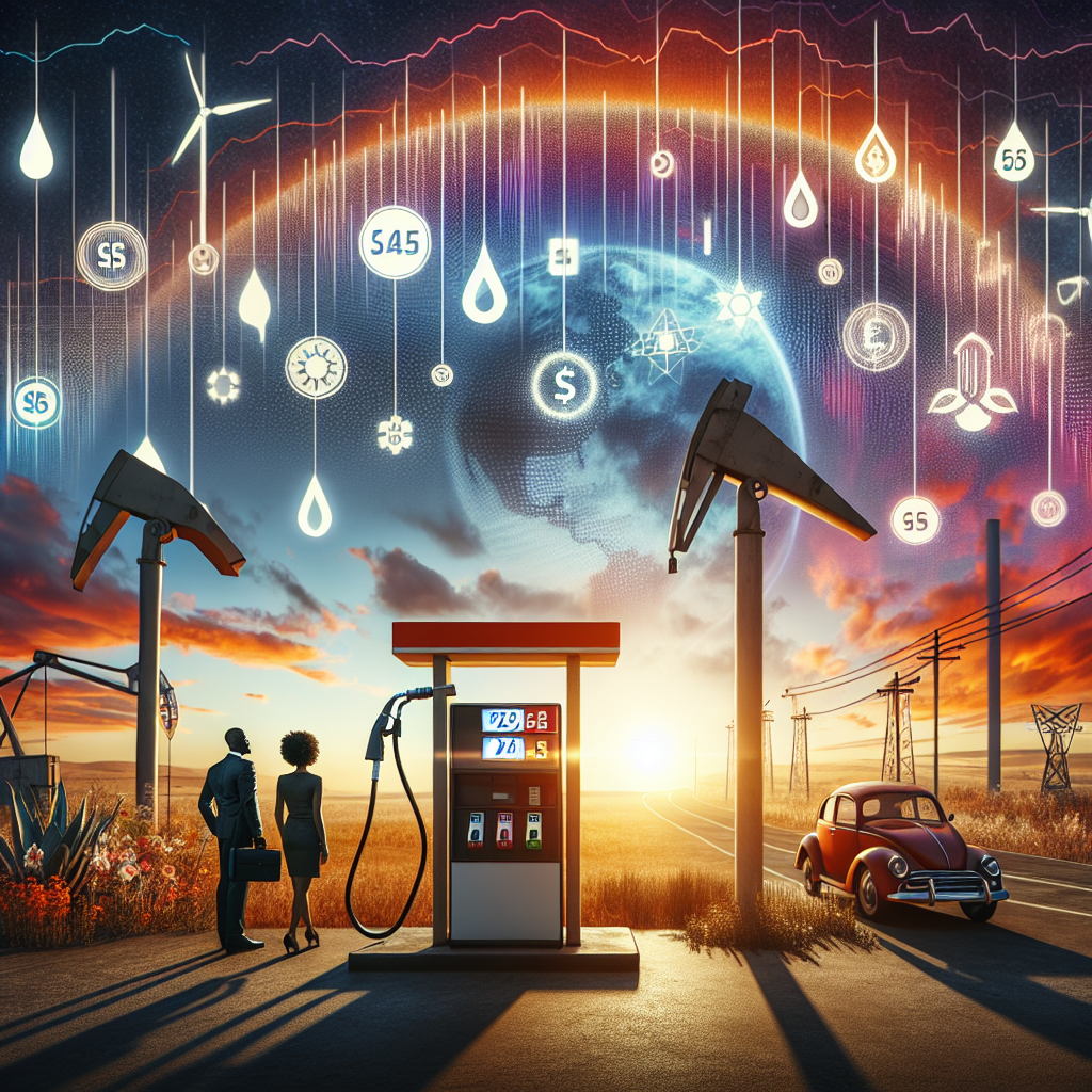 Visualize an intriguing scene which represents 'Energy policy changes: Impact on US gas prices'. A fuel pump with fluctuating numbers, suggestive of dynamic gas prices, sits against the background of a sunset sky, with symbols of various energy sources (solar panels, wind turbines, and oil derricks) scattered in the landscape. Two people, a Black male in a business suit symbolizing the corporate sector and a Hispanic female in casual attire symbolizing the consumer, are in the foreground observing the changes, reflecting the impact on diverse segments of society.