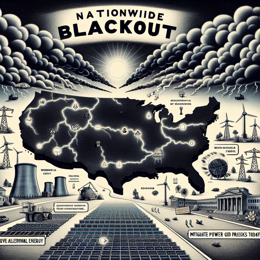 An illustration of a nation covered in darkness symbolizing a nationwide blackout. In the foreground, there's an array for various forms of alternative energy like solar panels, windmills, and a hydroelectric dam, conveying a message of risk mitigation. Above the nation, there are ominous cloud formations, acting as a metaphor for an impending power grid failure. On the side of the image, there are text bubbles highlighting the words 'Nationwide Blackout Warning' and 'Mitigate Power Grid Failure Risks Today!'—amplifying the importance of the narrative. The image is set in a sober, serious tone to capture the severity of the situation.