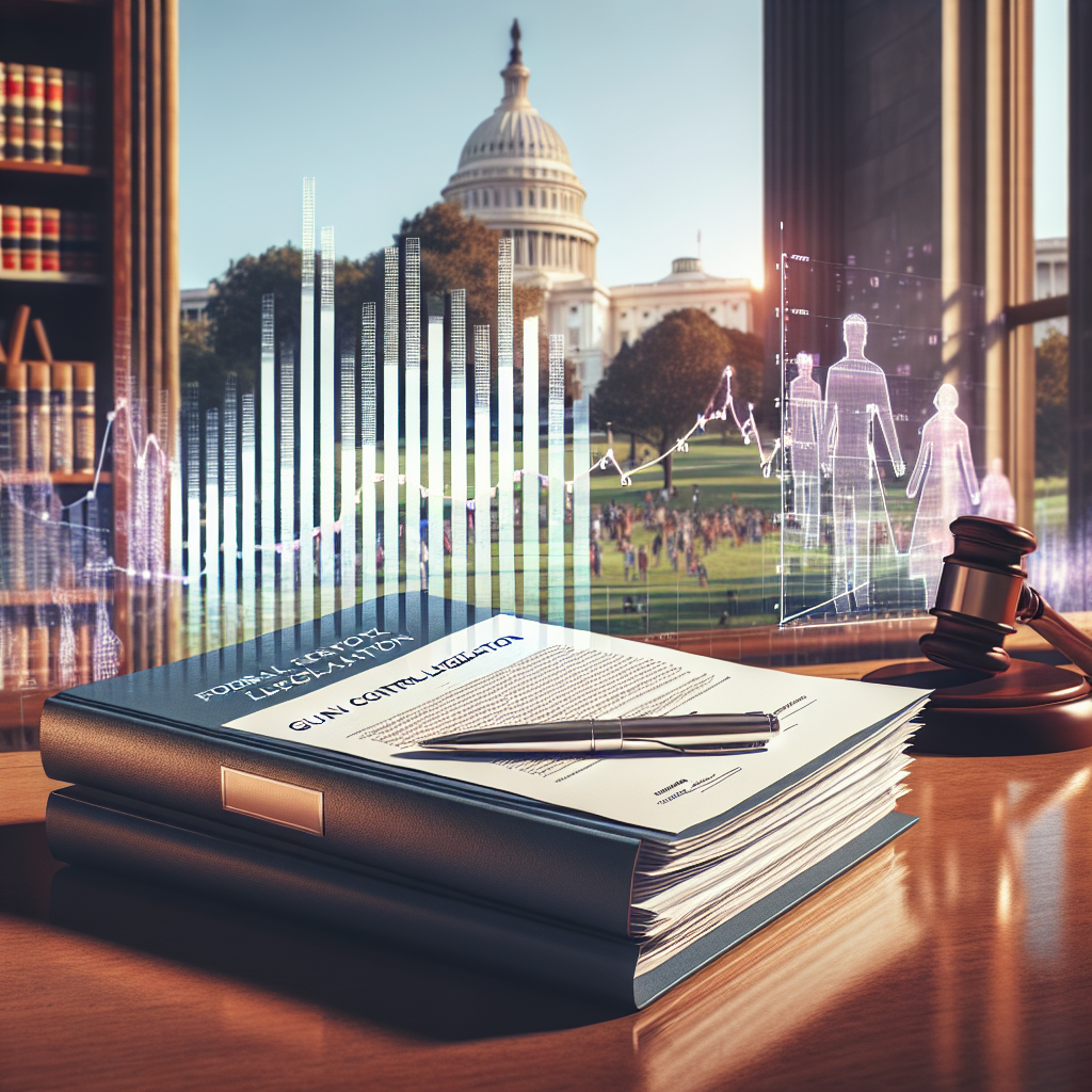 A neatly stacked pile of legal documents with the title 'Federal Gun Control Legislation' prominent on the cover page. Next to the documents is a silver pen indicating the possibility of signing. In the background, a peaceful scene of a serene city park with people of diverse descents and genders safely enjoying their time. Overlaying this, a transparent, holographic chart showing a downward trend in gun violence statistics. The setting is a polished oak table inside a government building, with symbols of justice such as a balanced scale and gavel subtly incorporated into the surroundings.