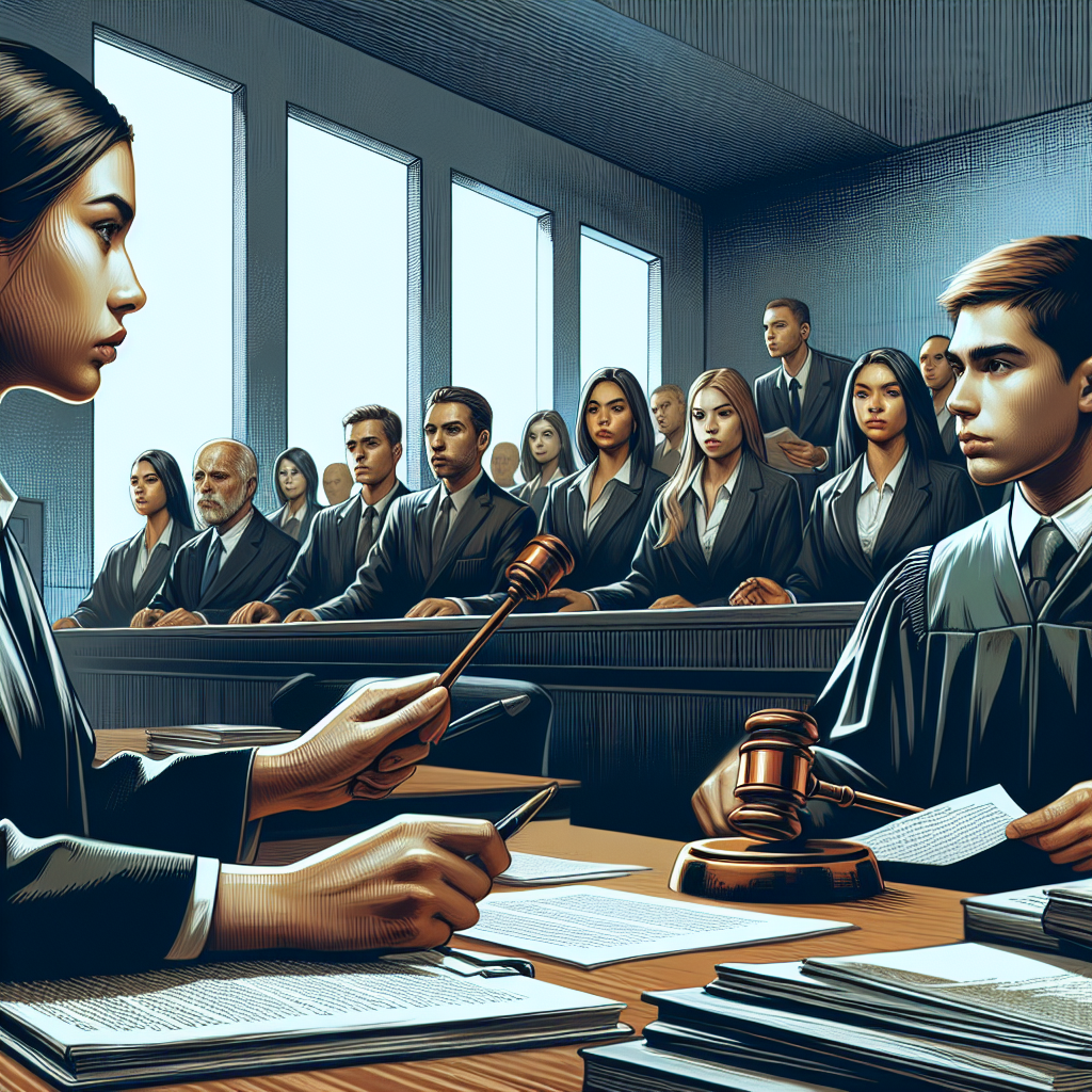 Generate an image showcasing a tense courtroom trial. Featuring a close-up on a Hispanic female judge presiding in a serious demeanor with a gavel in her hand. Directly opposite her, illustrate a Caucasian male lawyer presenting arguments passionately, with papers scattered on his desk. In the background, paint a diverse group of jury members listening attentively. The room is filled with suspense. The style of the courtroom should be modern and sleek, and the setting should express the gravity of high-profile criminal trials.