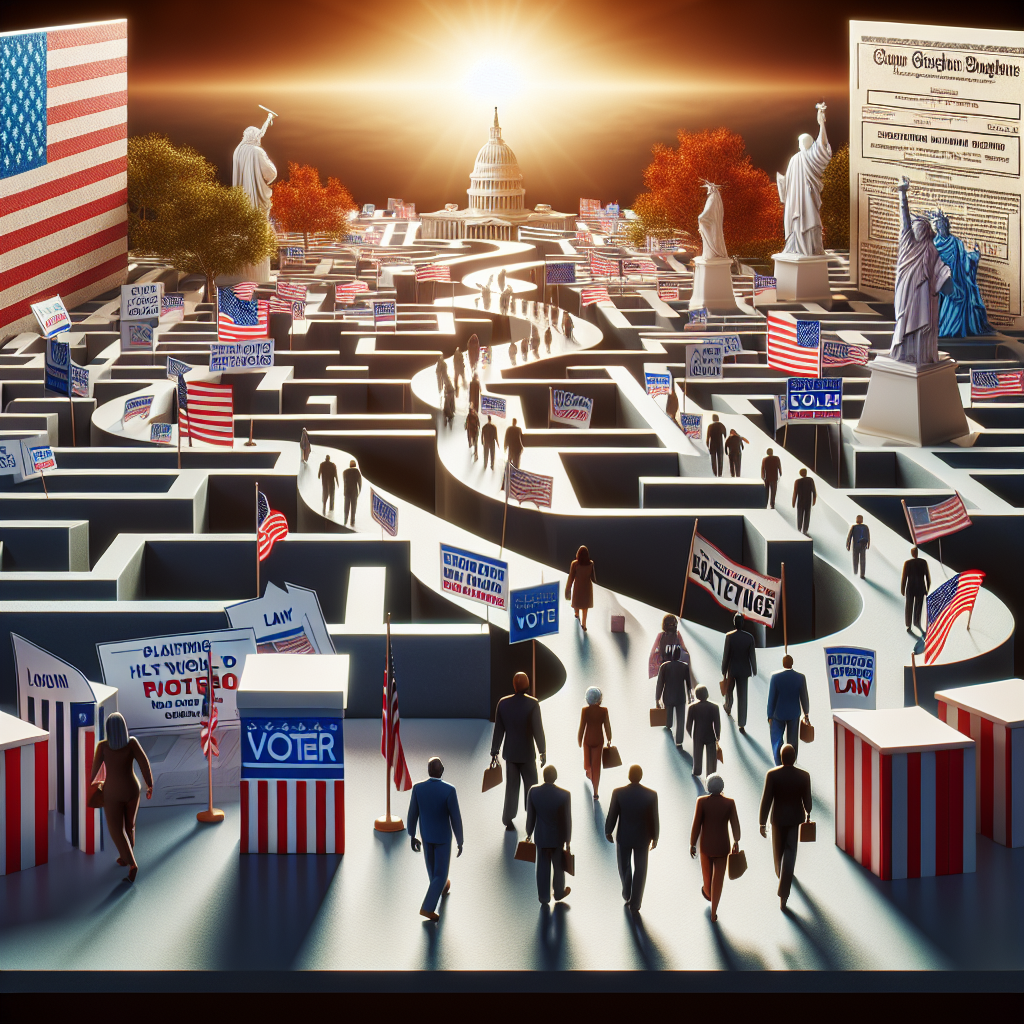 A detailed visual metaphor for the aftermath of a general election. The foreground features a maze made of ballot boxes, reflecting the complexity of voting law changes. A diverse mix of people, Caucasian and Hispanic male voters, South Asian and Middle-Eastern female voters, follow a path marked with political symbols and legislative documents symbolizing strategies for navigating these changes. In the background, there's a sunrise or sunset, suggesting a new beginning or end. The scene is rendered in a realistic style.