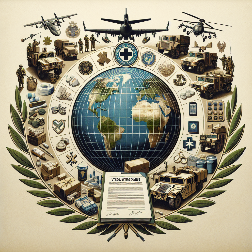 An emblem symbolizing global security, with scenes of a globe encased in olive branches - tactical military equipment such as trucks, drones, and communication devices coming out on the sides. Imagery elements that imply aid, such as care packages, medical supplies, and food rations. A document with the title 'Vital Strategies' on it is laid in the foreground. Images of people are not included in this request.