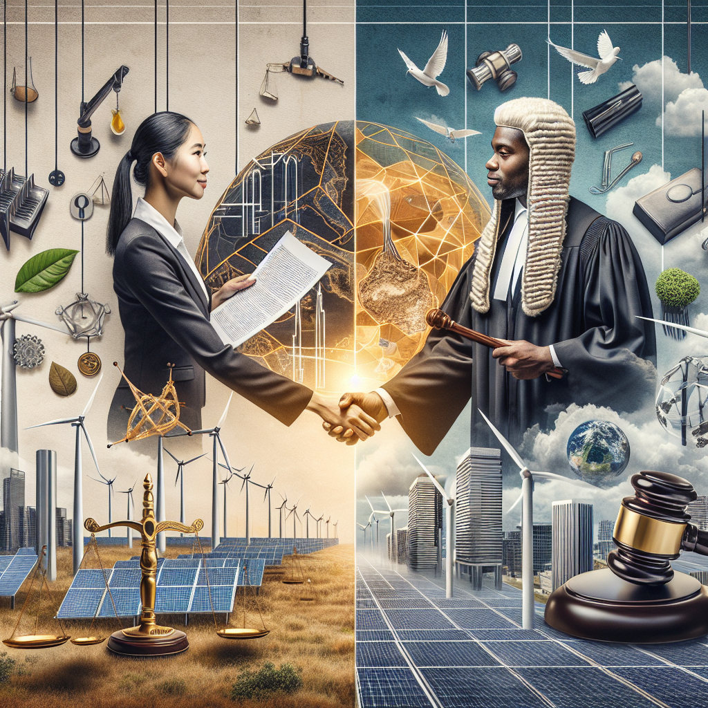 A balanced composition exhibiting the interaction between clean energy investments and climate change legislation. On the left, portray a South Asian woman in formal attire examining a blueprint of a wind farm, symbolizing the planning of clean energy projects. On the right, display an African-descent man in judge's attire, holding a gavel and a document highlighting new environmental laws. In the center, illustrate a golden handshake, symbolising successful negotiation between the two entities. The background should be a collage of renewable energy sources like solar panels, wind turbines, and electric cars.
