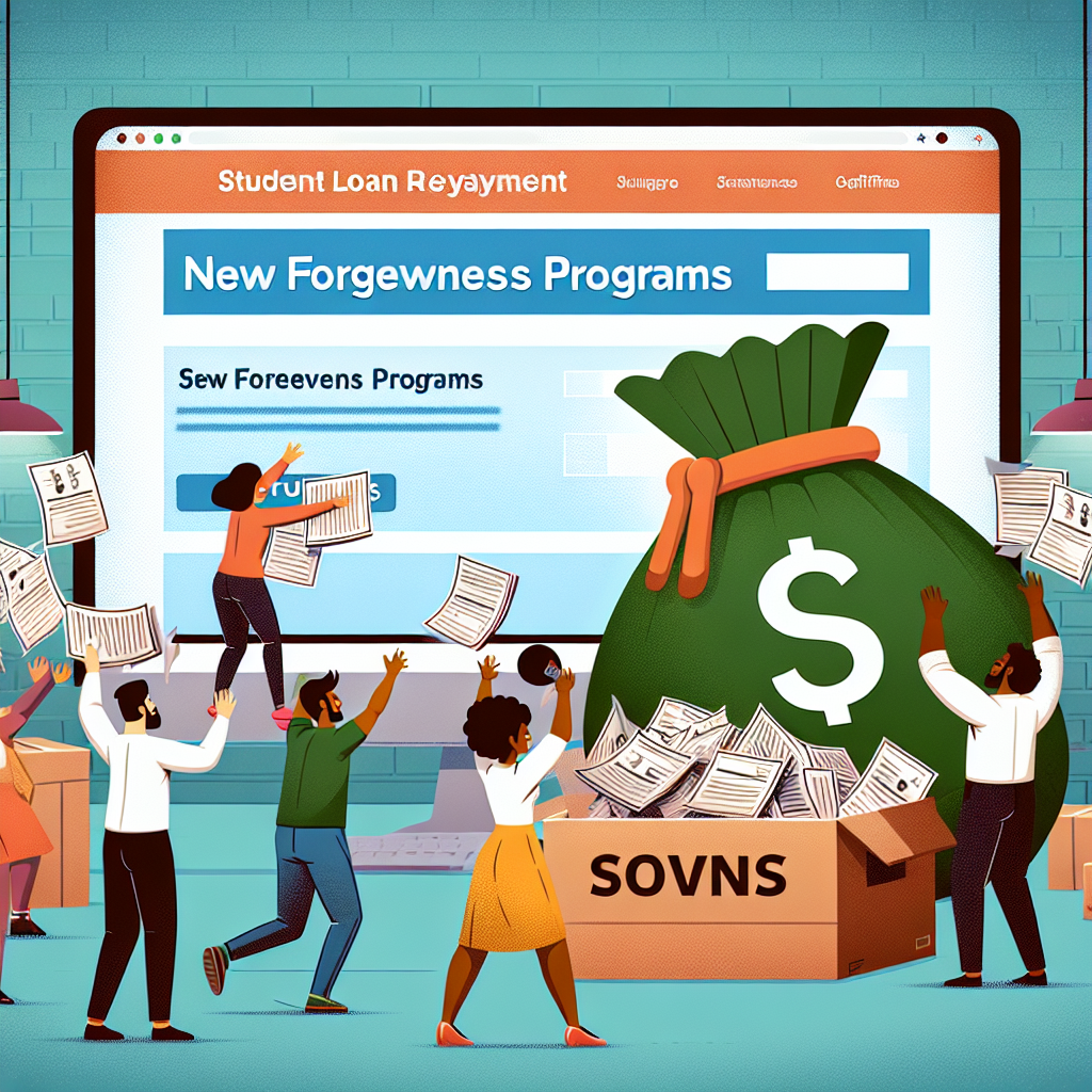 A scene representing student loan repayment updates and forgiveness programs. In the foreground, an ethnically diverse group of people, comprising of both men and women, are joyfully shredding old loan papers. The background features a large computer screen displaying a website with an announcement for new forgiveness programs. To the side, there's a symbolic representation of weight being lifted off their shoulders - perhaps a heavy bag marked with the dollar sign being lifted away by a balloon. The overall scene is set in a modern, tech-oriented office space.