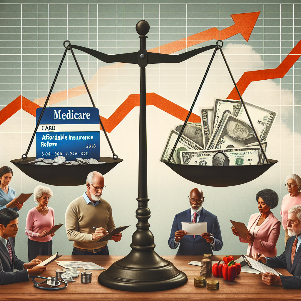 A conceptual image illustrating the effect of Medicare changes on affordable insurance reform for lower healthcare costs. The image should include a balancing scale that demonstrates the comparison, with one side holding a Medicare card and the other, currency bills to represent the cost. A decreasing chart line in the background symbolizes the lowering healthcare costs. A diverse group of individuals, a Caucasian man, a Hispanic woman, a Black elder, are shown studying a document, possibly the new policy reforms. Incorporate elements of optimism, as the mood suggests improvements and affordability in the healthcare system.