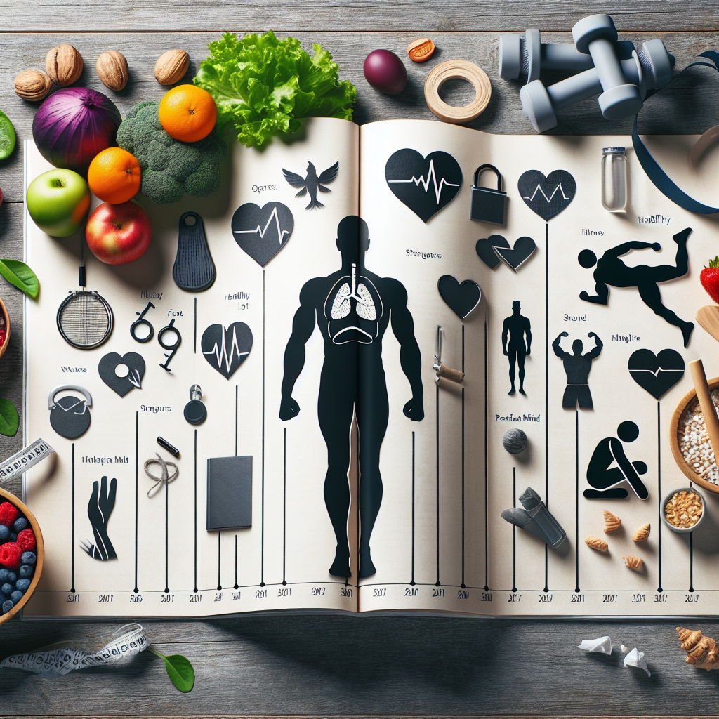 Create an image of an open magazine showing various sections, such as fitness advice, healthy food recipes, and wellness milestones. Depict the progression of fitness levels using an anonymous silhouette on a timeline. Icons of healthy heart, strong muscles, and peaceful mind can indicate health updates. Show an array of fresh fruits and vegetables, sport equipment, and serene natural elements to symbolize a healthy lifestyle.