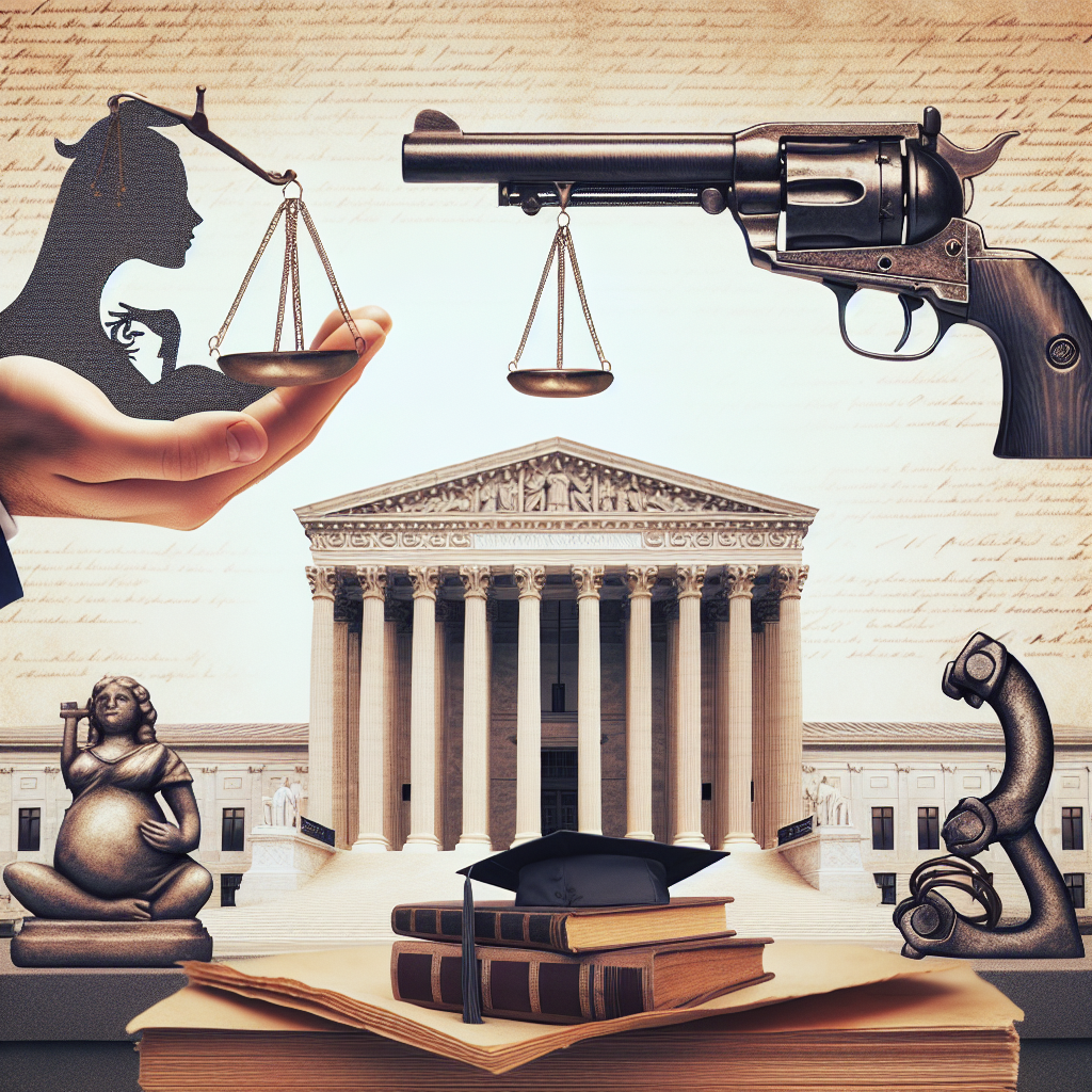 A backdrop of a grand architectural building, insinuating a judicial or law-making institution. The foreground hosts three symbolic visuals: (1) a hand holding a balance scale, representing the weighing of justice, with the shape of a silhouette of a pregnant woman on one side, symbolizing abortion rights; (2) a written parchment with the drawing of an age-old flintlock pistol, representing gun laws; and (3) a stack of books, with a graduation cap placed on one, intertwined with shackles, representing student loans. These images appealingly encapsulate the essence of the issues pertaining to US law.