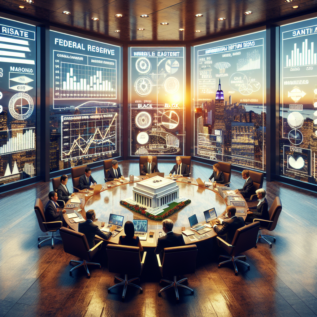 Picture this. A spacious conference room at the top of a tall skyscraper. The room is filled with several men and women of diverse descent such as Caucasians, Hispanics, Black, Middle-Eastern, South Asians, intently discussing around a large table. Numerous charts, digital screens, and diagrams about interest rates and strategies for minimizing inflation risks are prominently showcased on the walls. In the middle of the table is a model building marked 'Federal Reserve.' Outside the window, the cityscape glows under the setting sun. This scene encapsulates the topic of 'Federal Reserve Interest Rate Decisions: Best Strategies for Minimizing Inflation Risks.'