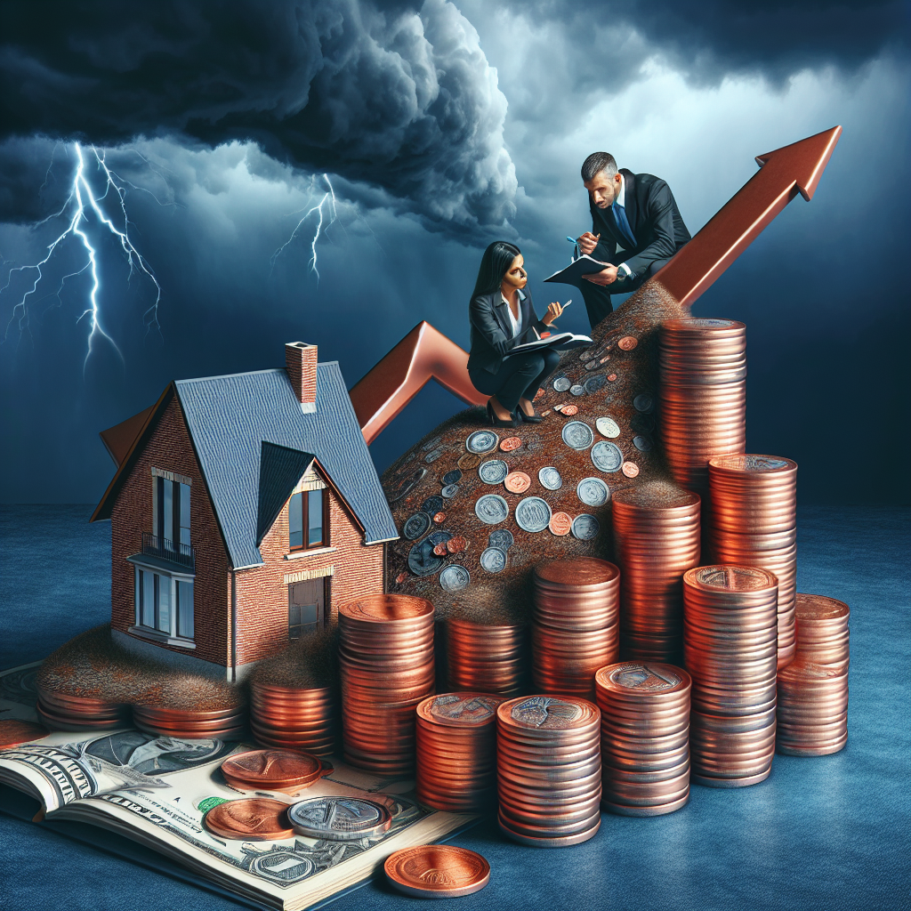 An impression of the U.S. housing market crisis. A brick-and-mortar house at the summit of a mountain of coins with the rising slope symbolizing increasing mortgage rates. The background shows a storm brewing, signifying the tumultuous economic climate. In the foreground, there's a Hispanic woman and a Caucasian man, both dressed in business attire, poring over an open map with a compass, symbolizing the navigation of these complex situations. They are deep in strategic conversation, suggesting urgent planning to tackle the crisis.
