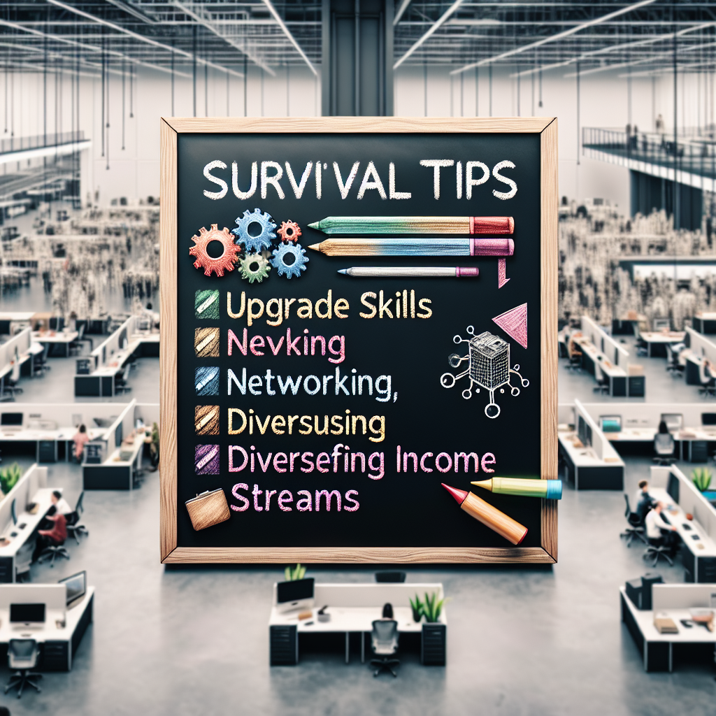 Create a detailed image of a large, modern office space with visible technology showing it is the headquarters of a tech giant. Make the vast office appear empty, with only a couple people busily working in the background, hinting at a large scale layoff. Adjacent to this, depict a chalkboard with survival tips written on it in colorful chalk. These tips include: upgrading skills, networking, and diversifying income streams.