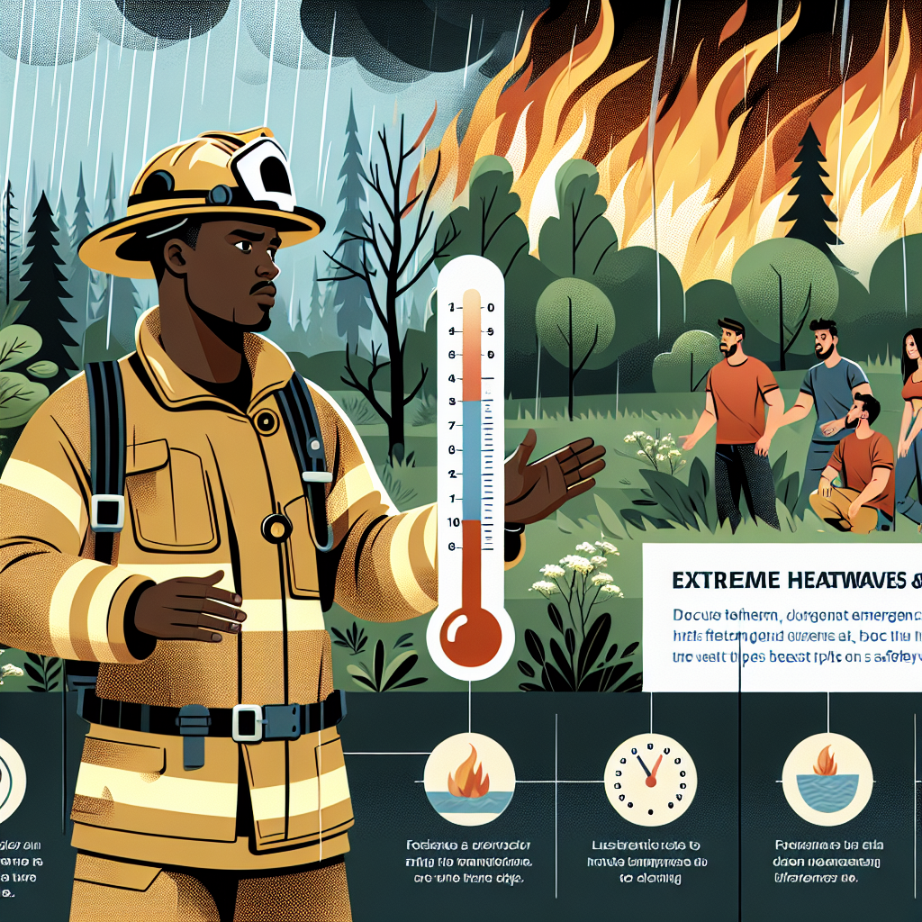 The focus of the image is a wildfire scene happening in a dense forest, with high flames and a cloud of smoke reducing visibility. On the foreground, an African-American male firefighter dressed in full safety gear, calmly directs a group of diverse individuals to a safer area. On one side, there is a chained infographic showing vital safety tips during wildfires and heatwaves. On the other, a thermometer indicating extremely high temperature. Over it hangs a banner stating 'Extreme Heatwaves and Wildfire Emergencies: Best Tips for Safety'.