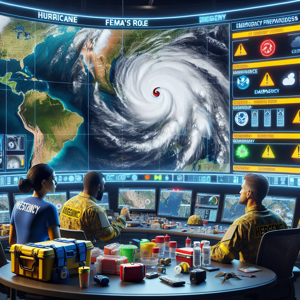 Visualize an emergency preparedness setting during hurricane season, focusing on FEMA's role. Picture satellite images of massive, swirling storms approaching land. On the screen, bright colored alerts blink, communicating essential hurricane warnings and emergency evacuation routes. Nearby, a Hispanic woman and Caucasian man in emergency services uniforms work diligently to monitor the situation. They are surrounded by high-tech equipment and large screens displaying updated weather conditions. On a table, emergency supplies like flashlights, radios, first aid kits, and bottled water are neatly arranged, ready for rapid distribution. This scene signifies a sense of urgency and professional readiness.