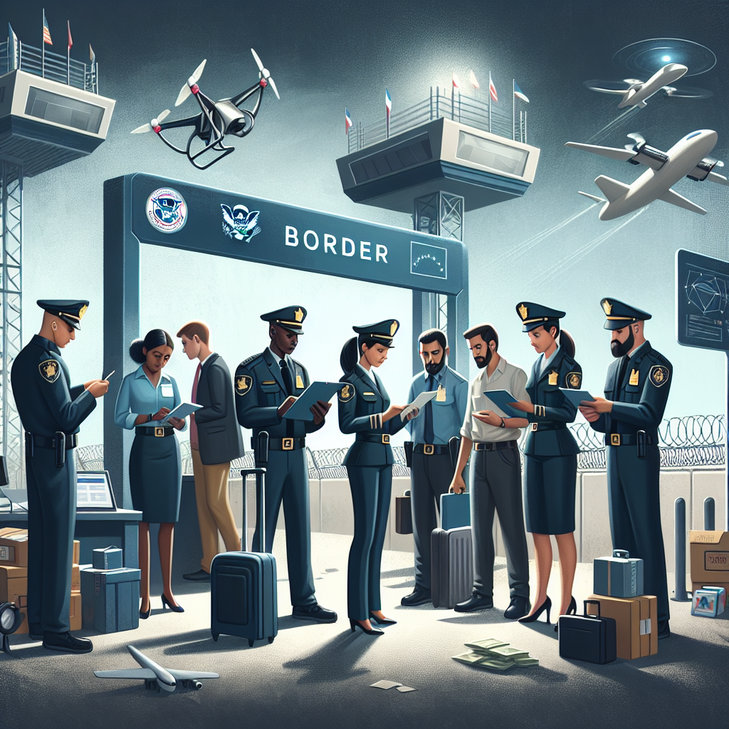 An engaging and informative image for an article on border security developments. The scene should depict a fortified border checkpoint with a diverse team of uniformed security officials diligently checking documents. Among them, there should be a black female officer, a Hispanic male officer, and a South Asian female officer. The officials should be seen interacting with travellers of different descents and genders, promoting a sense of inclusion and professionalism. The background should detail innovative security technologies, like drones and high tech surveillance cameras. Please avoid any suggestive or political undertones.