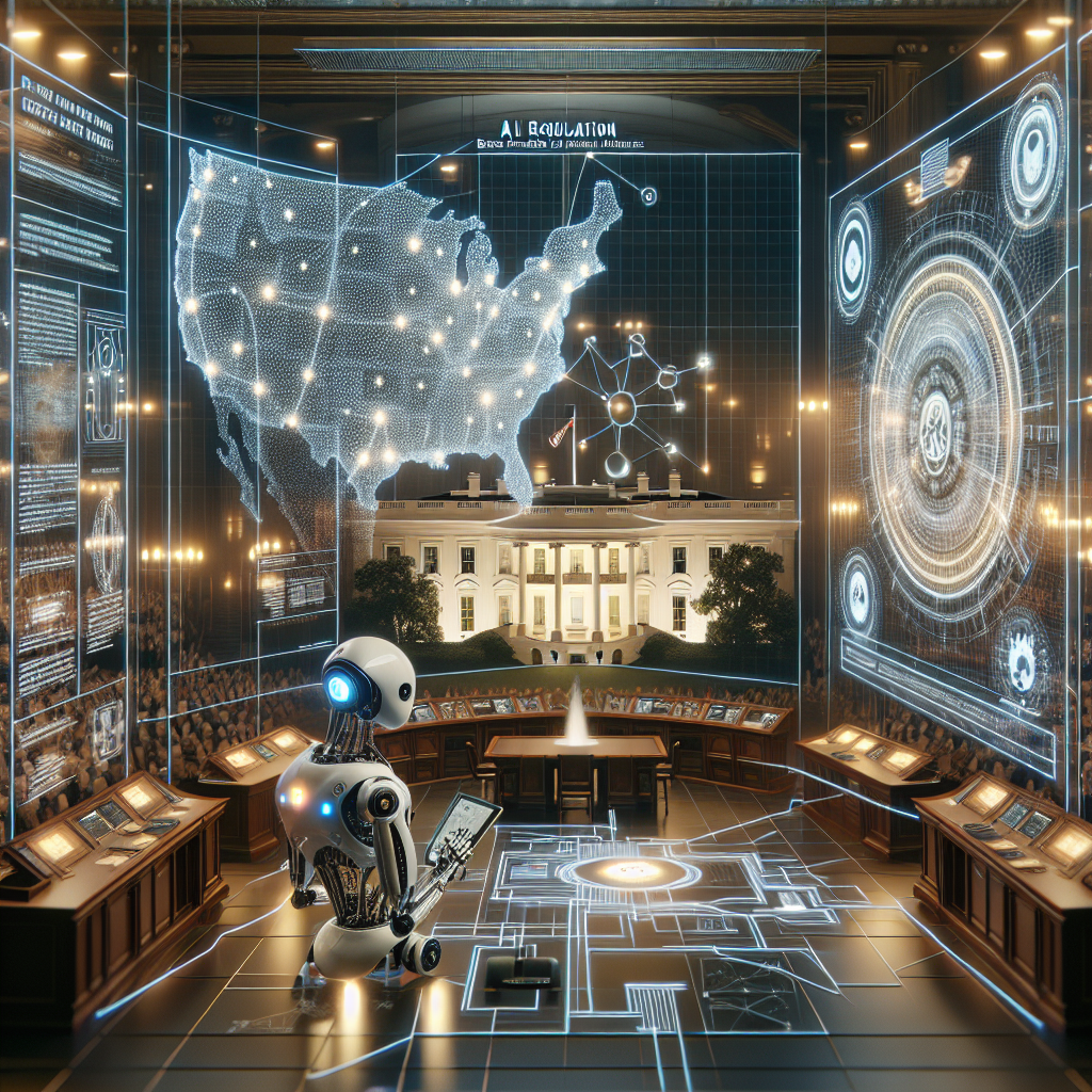 Imagine an intricate scene where artificial intelligence is symbolized as an autonomous robot situated in a mechanized environment that resembles the interior of the White House. The robot is exploring complex diagrams and navigational charts that depict laws, regulations, and best practices for AI usage. In the background, a large scale model of the USA, with lights pinpointing different states, indicates the diverse regions where these policies are in effect. Each detail in this image aims to embody the broad topic of 'AI Regulation: Best Practices for Policy on Artificial Intelligence'.