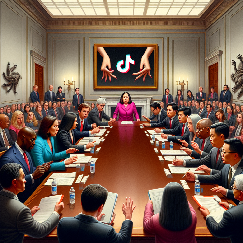 A depiction of a grand room where a vigorous discussion is taking place. On one side of a long mahogany table, three representatives with a mixture of genders and descents (Hispanic woman, Black man, and a Middle-Eastern man) are intently discussing some documents, symbolizing US stakeholders. On the other side, two people, a Caucasian woman and a South Asian man, each holding a red folder, symbolizing the Chinese stakeholders. The atmosphere is heated yet respectful. In the background, hands reach out from a TV screen holding a TikTok logo, indicating the central subject of the debate. The walls of the room are lined with technology-related art and sculptures, symbolizing the tech industry.
