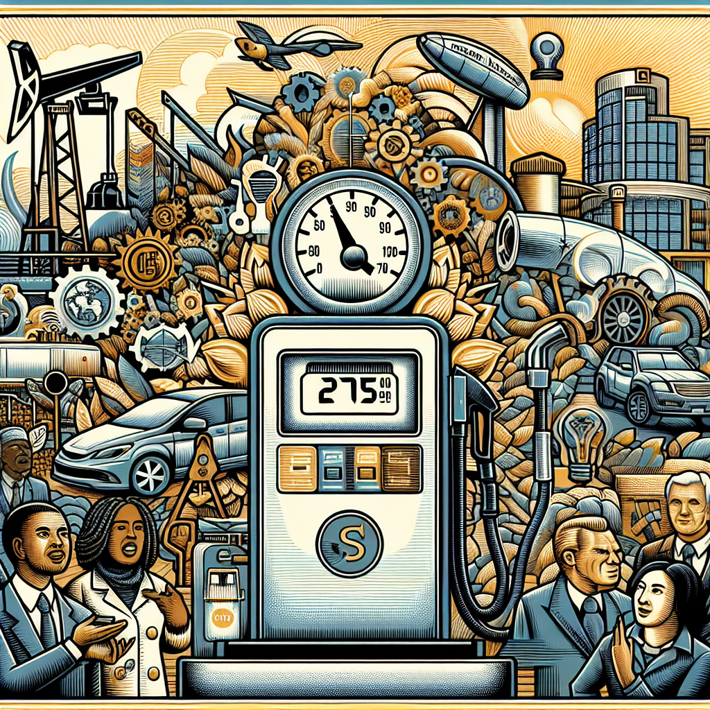An intricate illustration depicting various elements related to energy policy changes. Center the image around a large, symbolical gas pump with increasing price numbers. To its left, display renewable energy sources such as solar panels, a wind turbine, and a hydroelectric dam, symbolizing alternative solutions. To the right, portray people from various descents and gender - Caucasian female economist, Black male scientist, Middle-Eastern female mechanic, Hispanic male legislator - working together to come up with solutions. Ensure the general ambience of the image emanates a sense of teamwork, progress, and innovation.