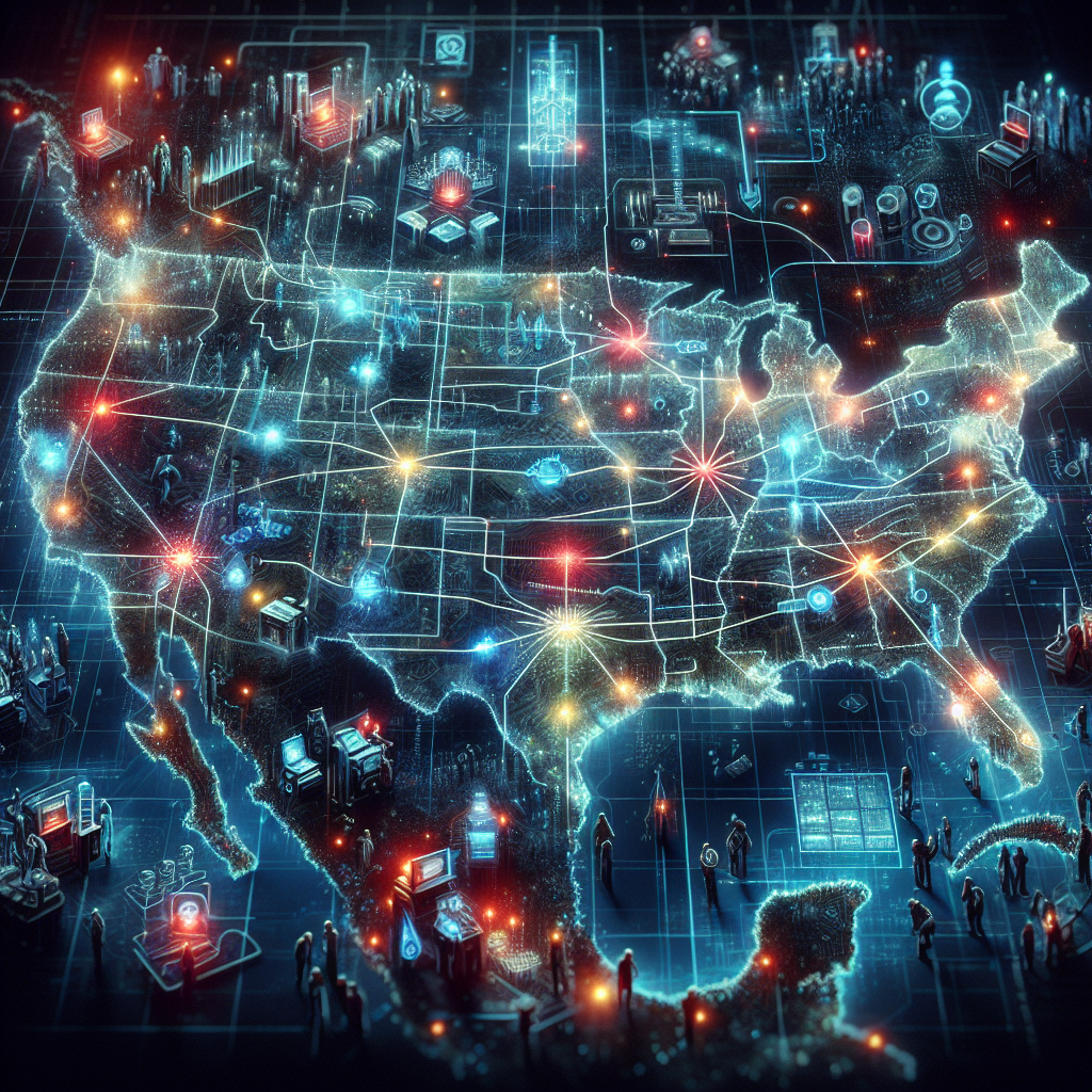 Visual depiction of a highly detailed, intricate power grid map, sprawling across an entire nation. The grid is designed with glowing lines indicating the transmission and distribution of electricity, while multiple glowing red spots symbolize potential points of failure. The image also depicts some symbolic elements of prevention, such as expert-assembled toolkits, regularly updated handbooks and a diligent, committed team of technicians - a mix of Caucasian, Black, Hispanic and South Asian men and women. The overarching color impression is a mix of cool neon blues and dynamic reds, suggesting both the power of electricity and the urgency of the situation.