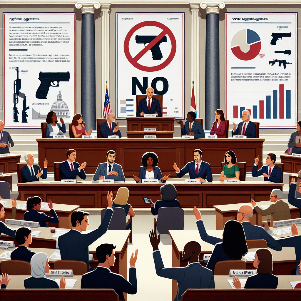 A scene depicting a large, orderly debate happening in a grand legislative assembly hall. Diverse individuals, including a Caucasian woman, Middle-Eastern man, Hispanic woman, and Black man, are engaged in vigorous but respectful discussion. Key details include people gesturing towards a large illustration of a gun with a red 'no' sign overlaid, large binders labeled 'Federal Gun Control Legislation', and various charts and relevant statistics displayed in the background that show a decrease in gun violence due to controlled gun laws.
