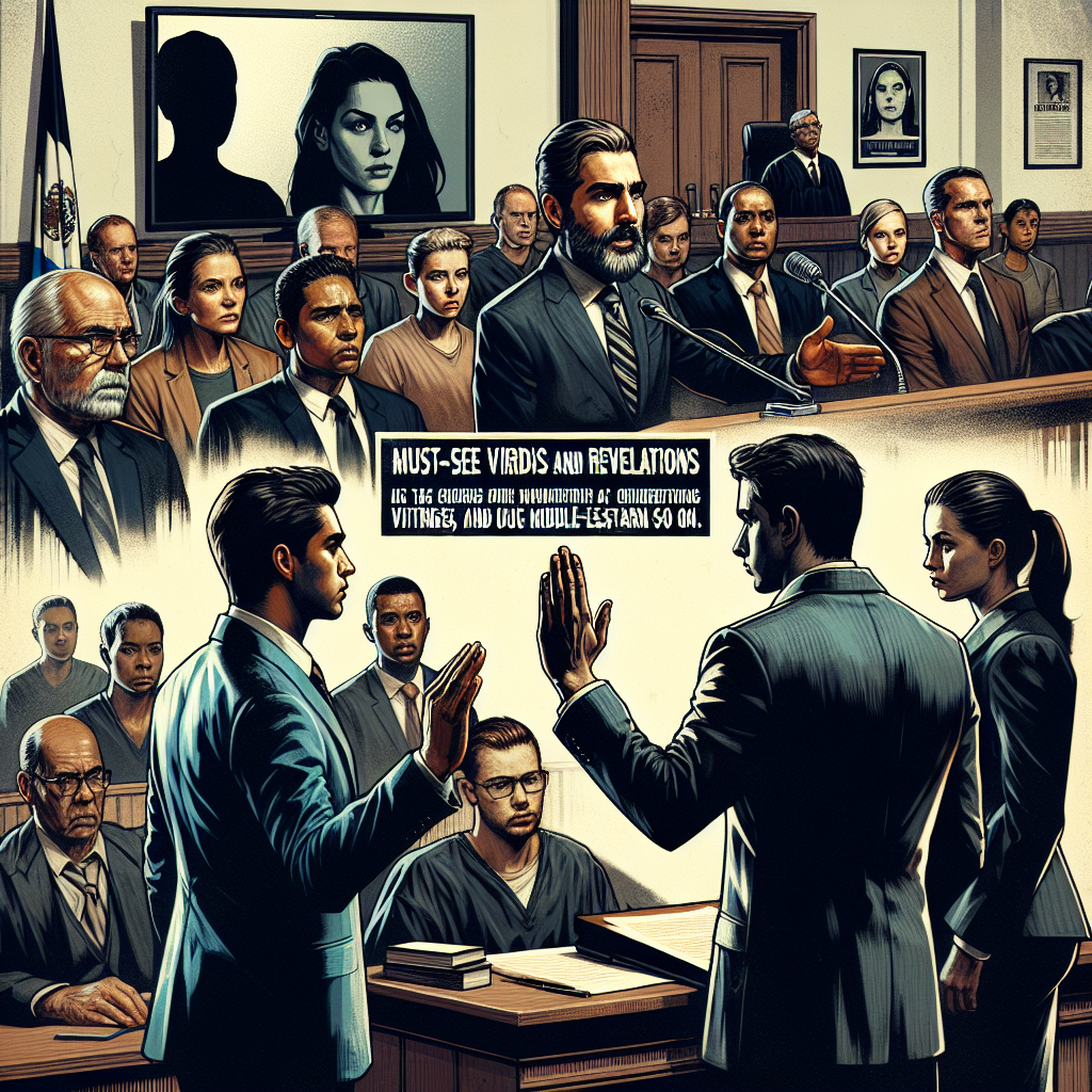 An illustration of an intense courtroom scene, with well-dressed lawyers presenting their closing arguments to an attentive jury. In the background, a witness is swearing an oath. The judge is a Caucasian female, the prosecutor a South Asian male and the defense attorney a Black male. The jury is composed of people of assorted genders and descents including Hispanic, Middle-Eastern and so on. A large TV screen is broadcasting the trial, with 'Must-See Verdicts and Revelations' headline running on the bottom. The gritty realism of the image conveys the seriousness and high stakes of high-profile criminal trials.