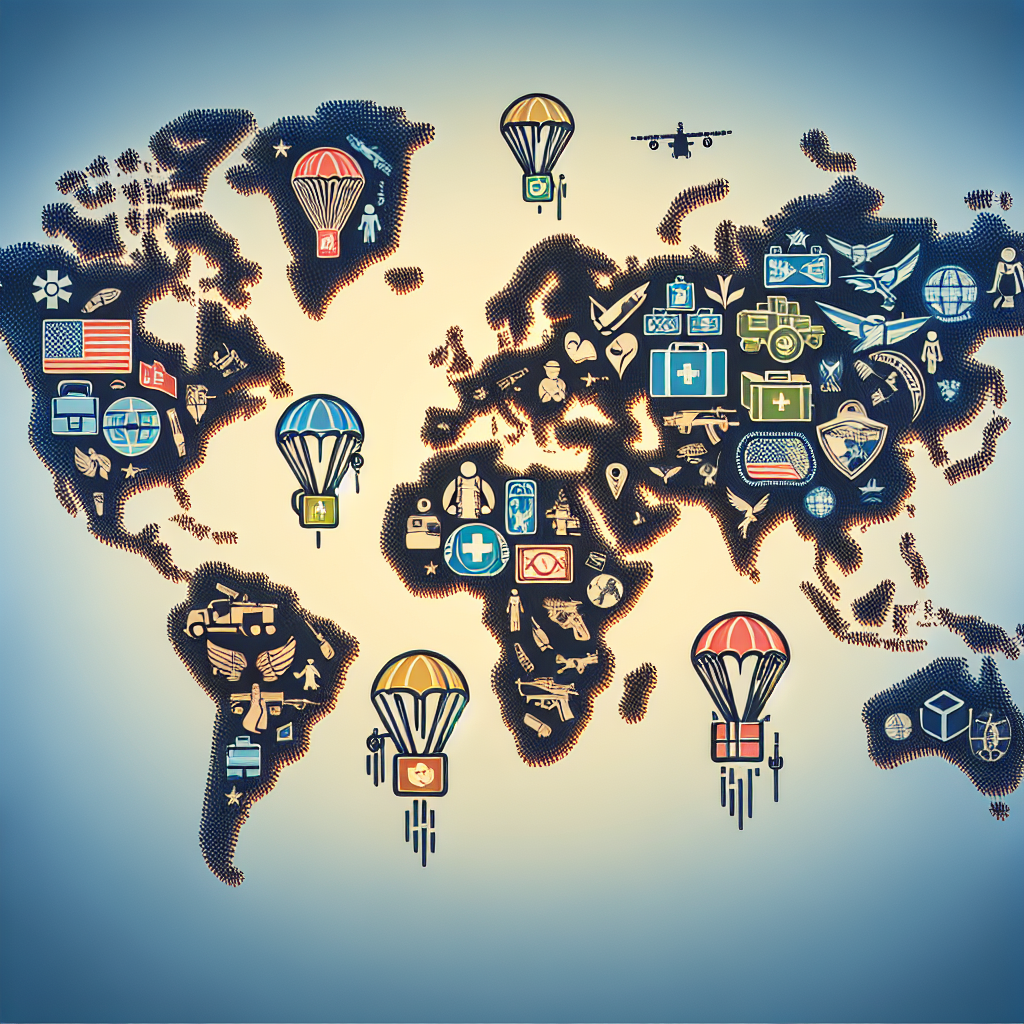 An image depicting a global map with symbolic representations of military aid. Highlight areas where the US contributes aid, represented as packages falling from parachutes. Use a range of colors and icons to indicate different types of aid such as medical supplies, food, and military equipment. Include visible signs of peace and security, such as a dove or an olive branch. Do not include any specific real individuals or organizations in the depiction.