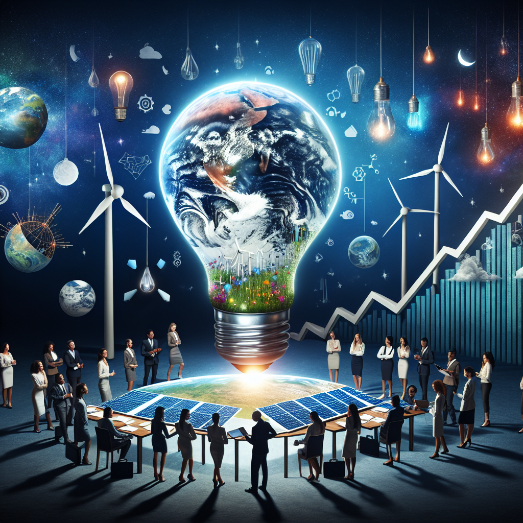 Depict the earth in the shape of a lightbulb against a backdrop of the cosmos. The filament inside the bulb represents a mix of clean energy symbols, including solar panels, wind turbines, hydroelectric dams, and geothermal plants. Meanwhile, a group of racially diverse and gender-balanced individuals, dressed in professional clothing, stand around a large table covered with documents, graphs, and laptops, symbolizing climate change legislation. A large bar graph ascending upwards symbolizes the growth of green investments.