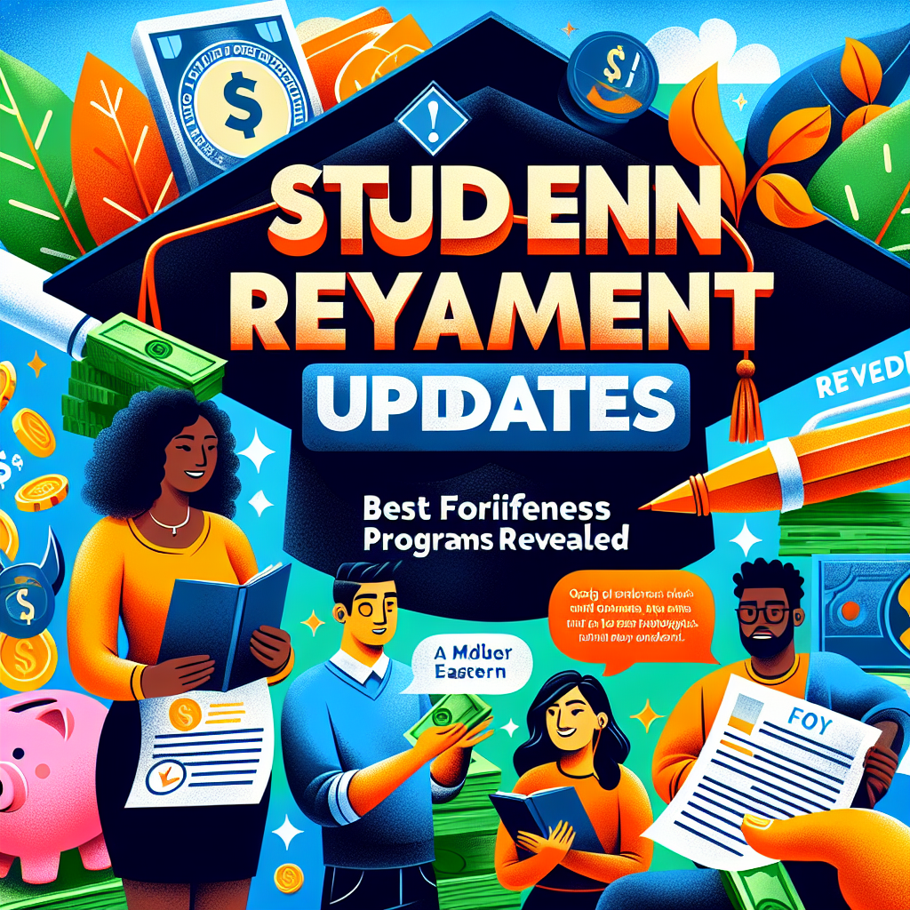 An informative and vibrant graphic demonstrating various elements tied to the topic of Student Loan Repayment Updates: Best Forgiveness Programs Revealed. The graphic should encapsulate a large headline text that says 'Student Loan Repayment Updates', under which there should be subheadings mentioning 'Best Forgiveness Programs Revealed'. Show a diverse group of three college graduates, a Caucasian woman wearing a graduation cap, a Black man holding a diploma, and a Middle-Eastern woman looking relieved and content. Also, include imagery related to finance such as money, piggy bank, and pen signing a document. The overall tone should convey optimism and relief.