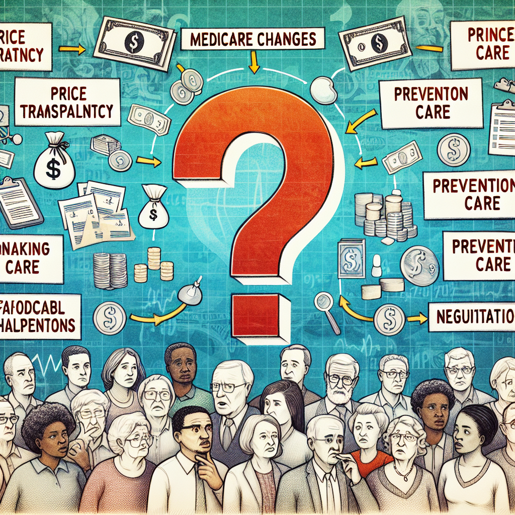 An image detailing key components and intricacies of Medicare changes and affordable healthcare strategies. Down the left, illustrate a diagram showing steps towards decreasing healthcare costs, such as price transparency, preventive care, and negotiation. On the right, depict a diverse group of people of varying ages, genders and descents like Black, Hispanic, Caucasian and Middle-Eastern, all looking confused and discussing these changes together. The center should display a large question mark, symbolizing confusion and curiosity about the new strategies. The background may consist of a faint pattern of dollar bills and healthcare symbols to underscore the context.
