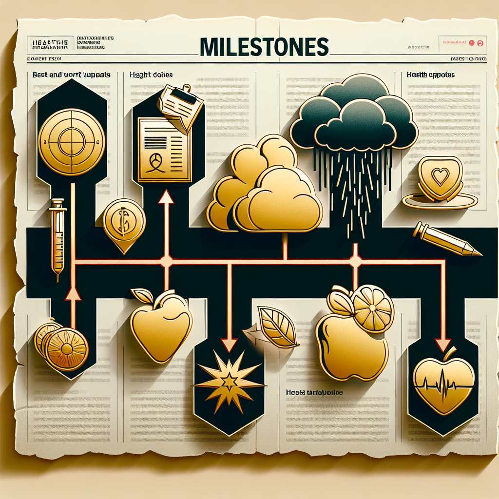 An image showcasing a timeline with notable health related icons representing various high and low points. For instance, a golden apple could denote a good health milestone, while a stormy cloud could symbolize a challenging health period. All set against a background resembling an article page with the headline: 'Milestones: Best and Worst Health Updates'. No actual celebrities or specific individuals should be portrayed in the image.