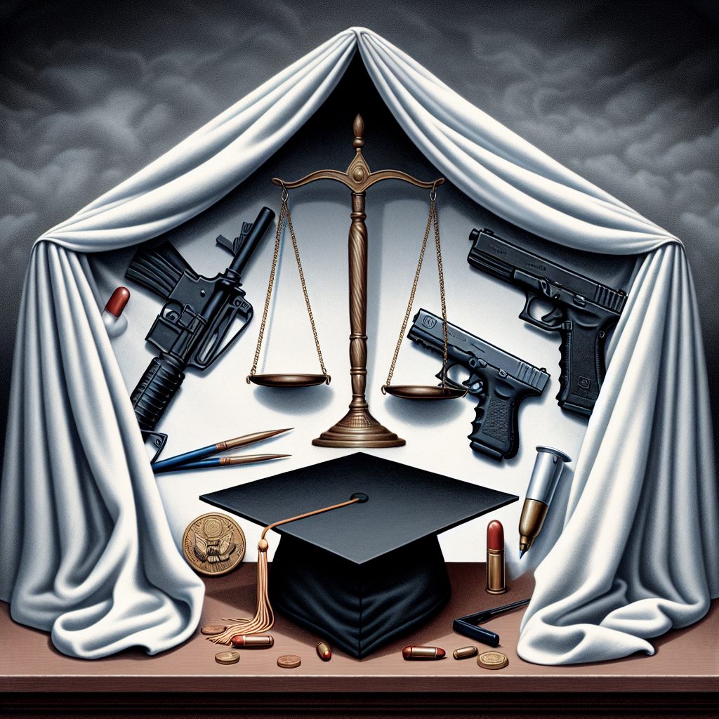 A symbolic visual interpretation of three main themes: medical procedures representing abortion, firearms symbolizing gun laws, and a graduation cap signifying student loans. In the center, there's an emblem of justice such as a balanced scale, hinting towards the Supreme Court's verdicts. Everything is revealed from under a silk cloth, signifying unveiling. Make sure the image clearly divides these three themes, perhaps as separate sections or compartments. The overall mood of the image should be solemn and serious, reflecting the importance and weight of these sociopolitical issues.