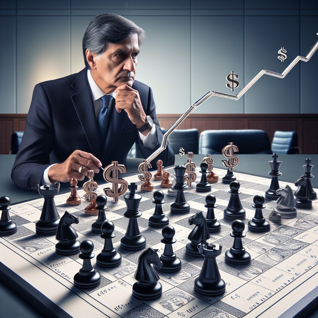 Create an image that depicts a metaphor for the concept of the Federal Reserve combating inflation with interest rate decisions. Perhaps visualize this as an economic battlefield on which the personification of the Federal Reserve, a thoughtful, middle-aged South Asian man in a business suit, is strategically moving oversized chess pieces. These pieces could represent interest rates, dollar signs, and other monetary symbols. The chess board itself could subtly resemble a line graph representing inflation trends. The background should be a formal conference room to indicate a serious and professional context.