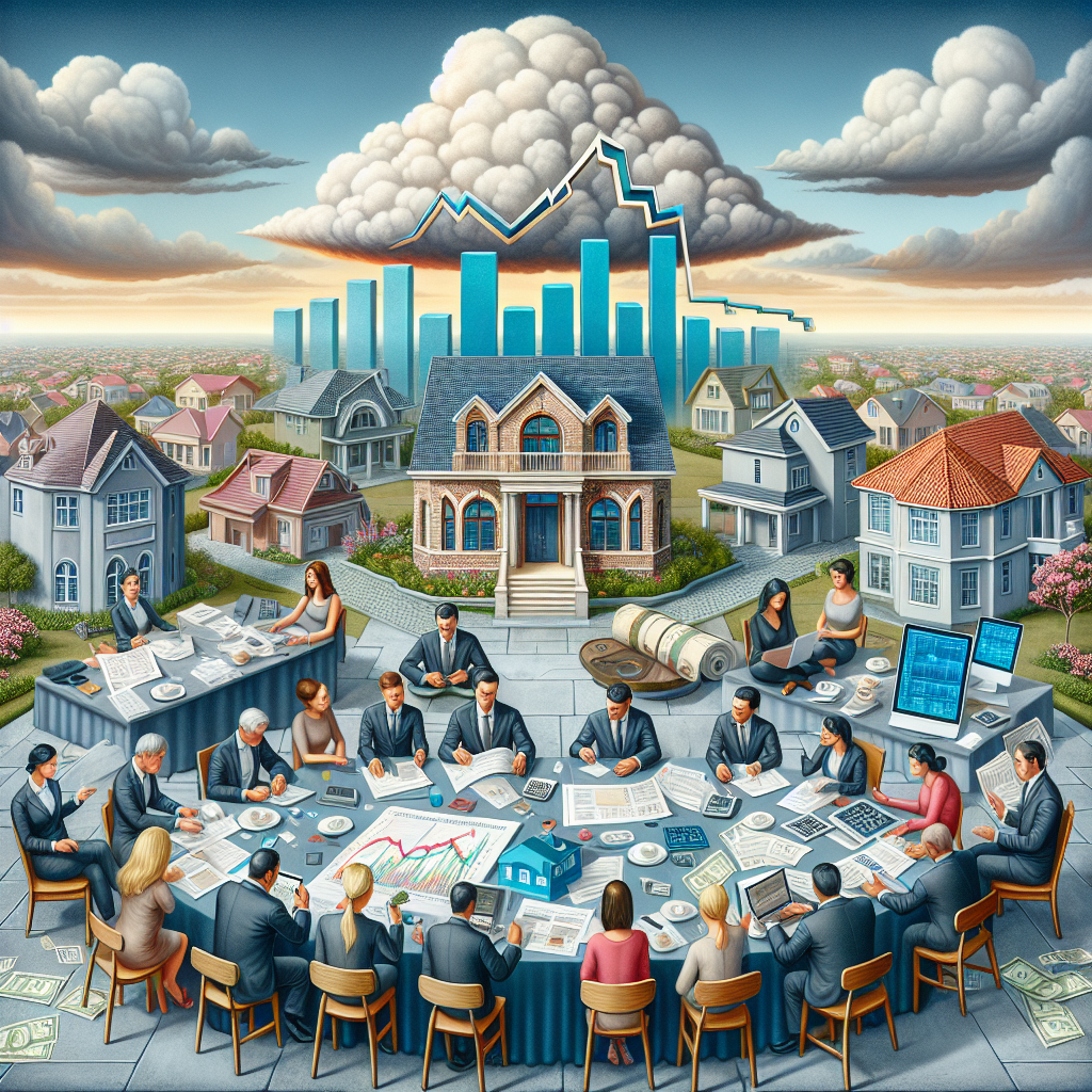An intricately detailed scene showcasing a diverse set of individuals, of various races and genders, discussing strategies around a large table littered with documents, property blueprints, financial calculators, and a computer displaying rising graphs of mortgage rates. Behind them is a vast backdrop of a variety of houses ranging from luxury villas to modest suburban homes. In the sky, a cloud shaped like a house splitting apart symbolizes the housing market crisis.