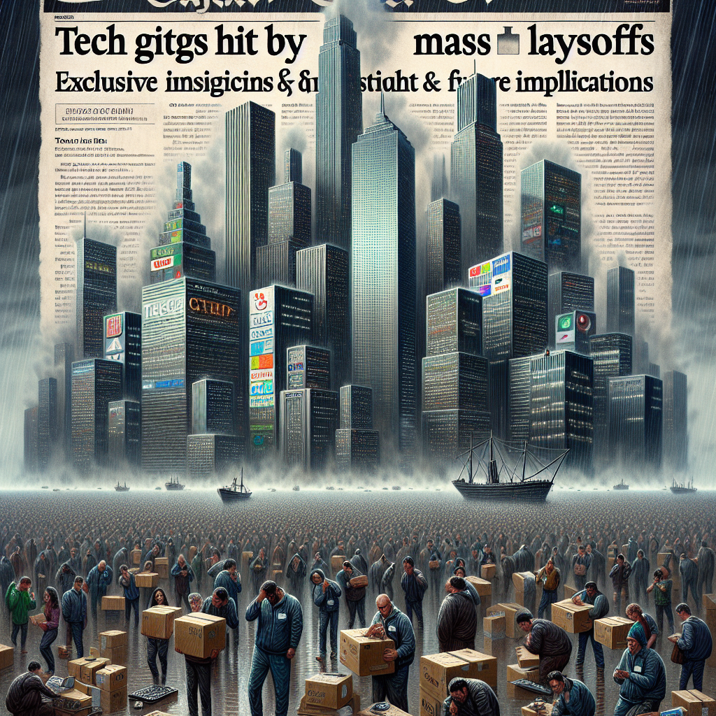 Visualize a gloomy scene displaying a huge, metaphoric silicon chip city with skyscrapers that bear the logos of different tech companies. The city is enveloped in heavy rain, symbolizing the mass layoffs that are hitting the tech giants. Around the city, we see worried employees, of various descents and genders, some packing their belongings into cardboard boxes, others looking anxious and uncertain, against a background of a newspaper headline that reads 'Tech Giants Hit by Mass Layoffs: Exclusive Insight & Future Implications'. The mood of the image should maintain the subject matter's gravity.